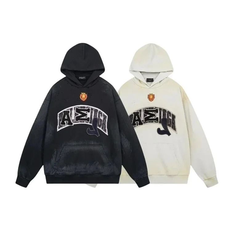 High-quality high-end men's and women's Paris mud-dyed distressed hand-painted frayed BB hooded sweatshirt loose high weight terry