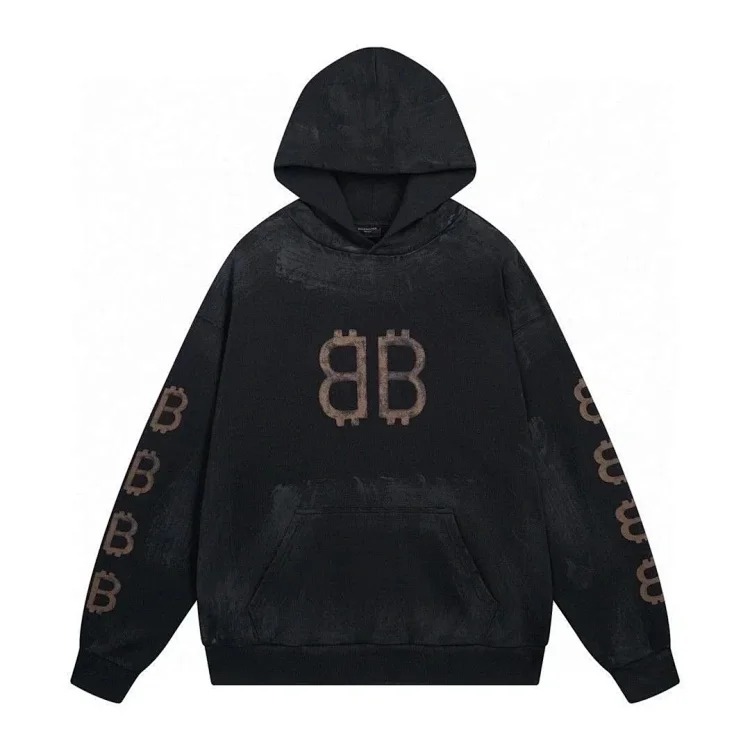 High-quality high-end men's and women's Paris mud-dyed distressed hand-painted frayed BB hooded sweatshirt loose high weight terry