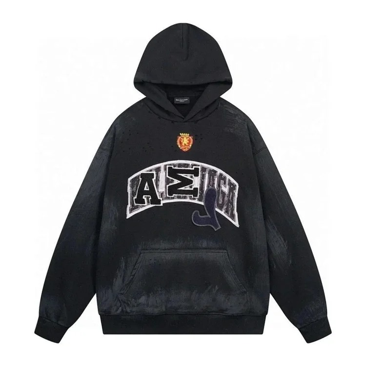 High-quality high-end men's and women's Paris mud-dyed distressed hand-painted frayed BB hooded sweatshirt loose high weight terry