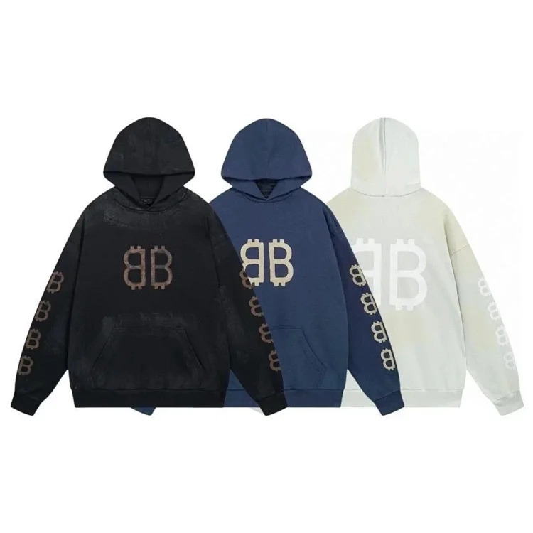 High-quality high-end men's and women's Paris mud-dyed distressed hand-painted frayed BB hooded sweatshirt loose high weight terry