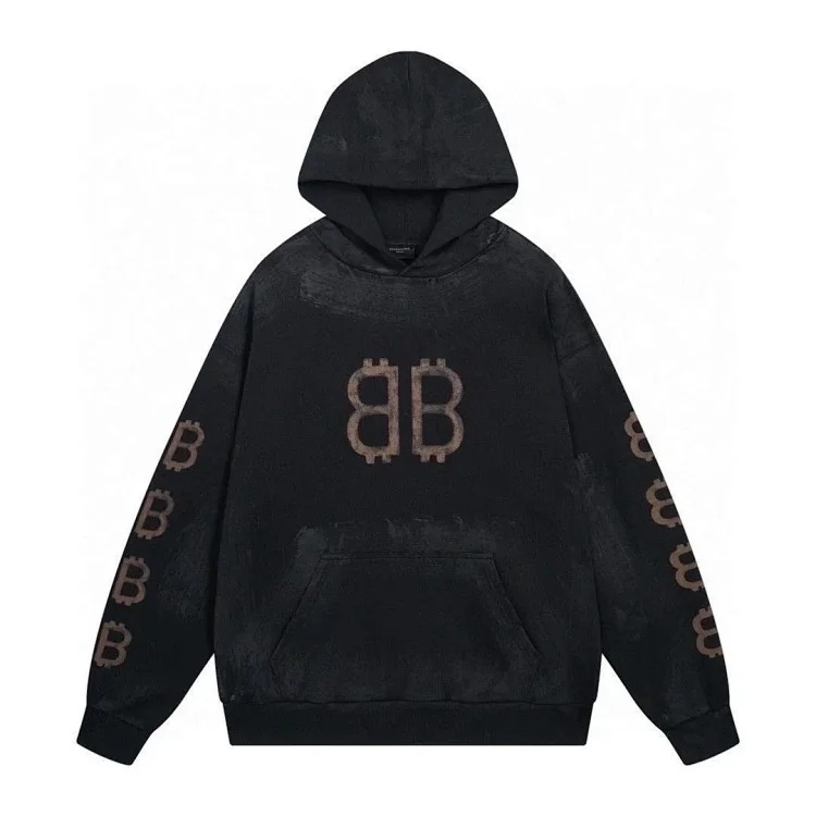 High-quality high-end men's and women's Paris mud-dyed distressed hand-painted frayed BB hooded sweatshirt loose high weight terry
