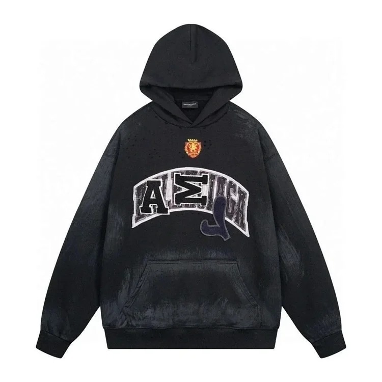 High-quality high-end men's and women's Paris mud-dyed distressed hand-painted frayed BB hooded sweatshirt loose high weight terry