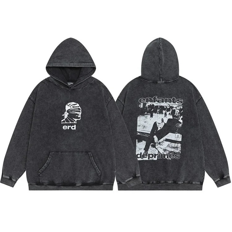 European and American high street sketch graffiti loose casual hoodie sweatshirt T-shirt men's jacket cross-border image 6