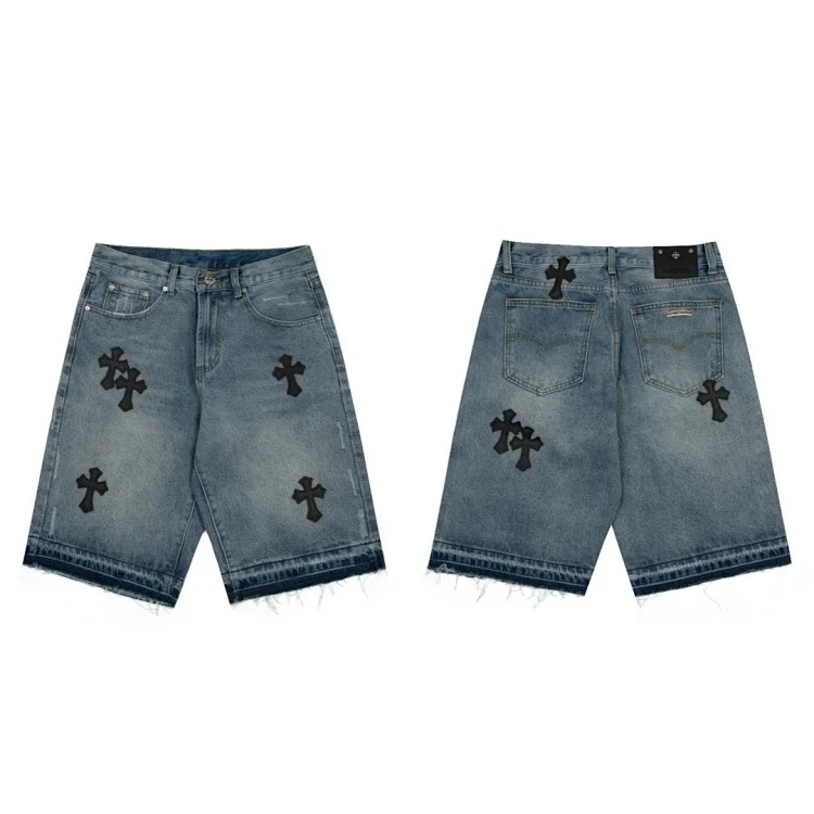 Chrome Hearts Spring and CH Crow cross embroidery distressed European and American loose denim shorts are on trend