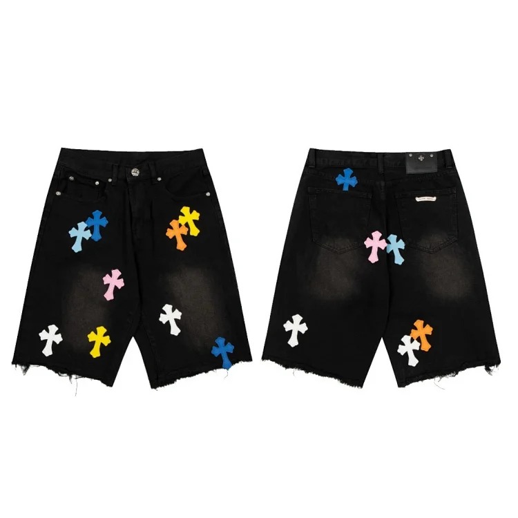 Chrome Hearts Spring and CH Crow cross embroidery distressed European and American loose denim shorts are on trend