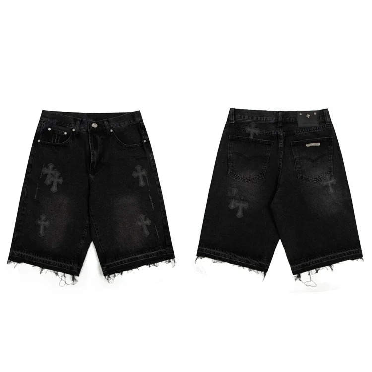 Chrome Hearts Spring and CH Crow cross embroidery distressed European and American loose denim shorts are on trend
