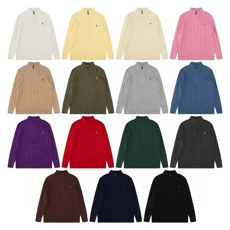 High-quality Ralph Lauren half-pull embroidered pony sweater loose solid color twist knit loose pullover for men and women