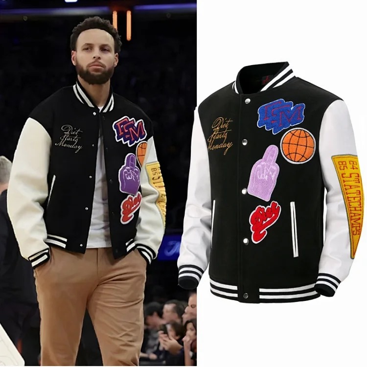 Curry's same style vibe American autumn and winter stand-up collar thickened baseball uniform patchwork embroidered stitching double layer warm jacket for men
