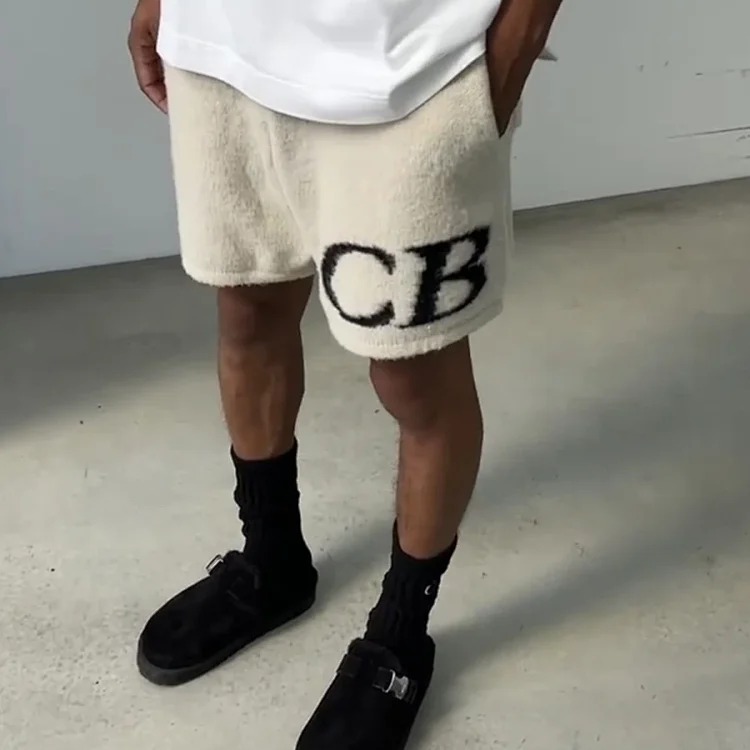 CB minimalist letter logo jacquard wool drawstring shorts men's loose casual knitted pants trendy