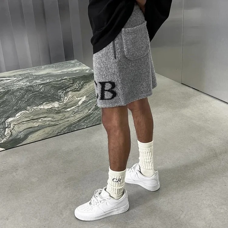 CB minimalist letter logo jacquard wool drawstring shorts men's loose casual knitted pants trendy