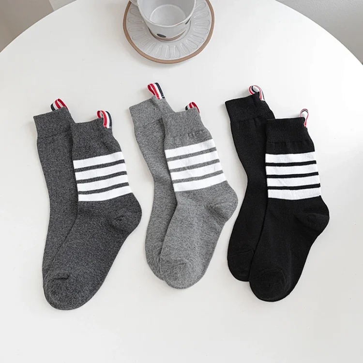 TB mid-calf cotton striped four-stripe black and gray socks