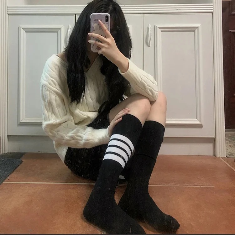 TB mid-calf cotton striped four-stripe black and gray socks