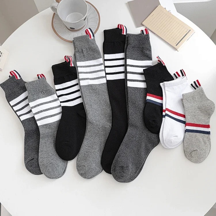 TB mid-calf cotton striped four-stripe black and gray socks