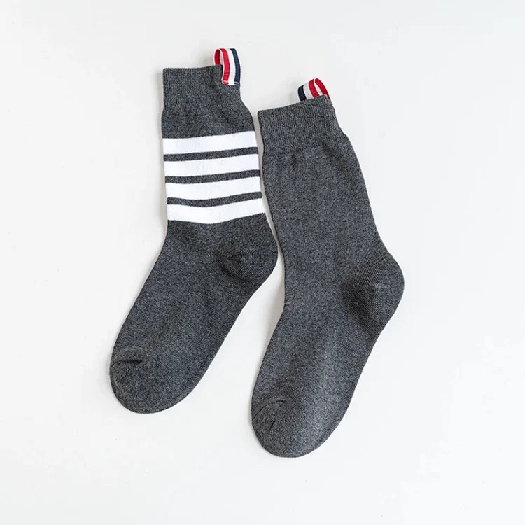 TB mid-calf cotton striped four-stripe black and gray socks