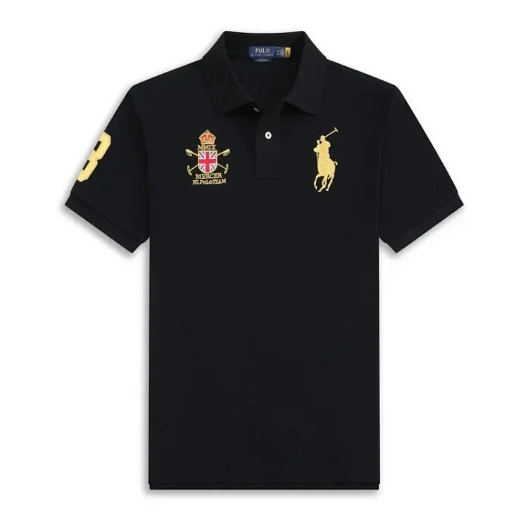 Lili Paul summer embroidered men's lapel short-sleeved T-shirt American men's pique solid color POLO shirt loose large size short-sleeved