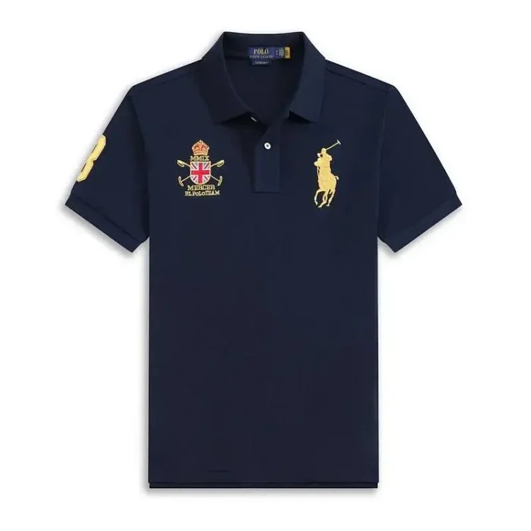 Lili Paul summer embroidered men's lapel short-sleeved T-shirt American men's pique solid color POLO shirt loose large size short-sleeved