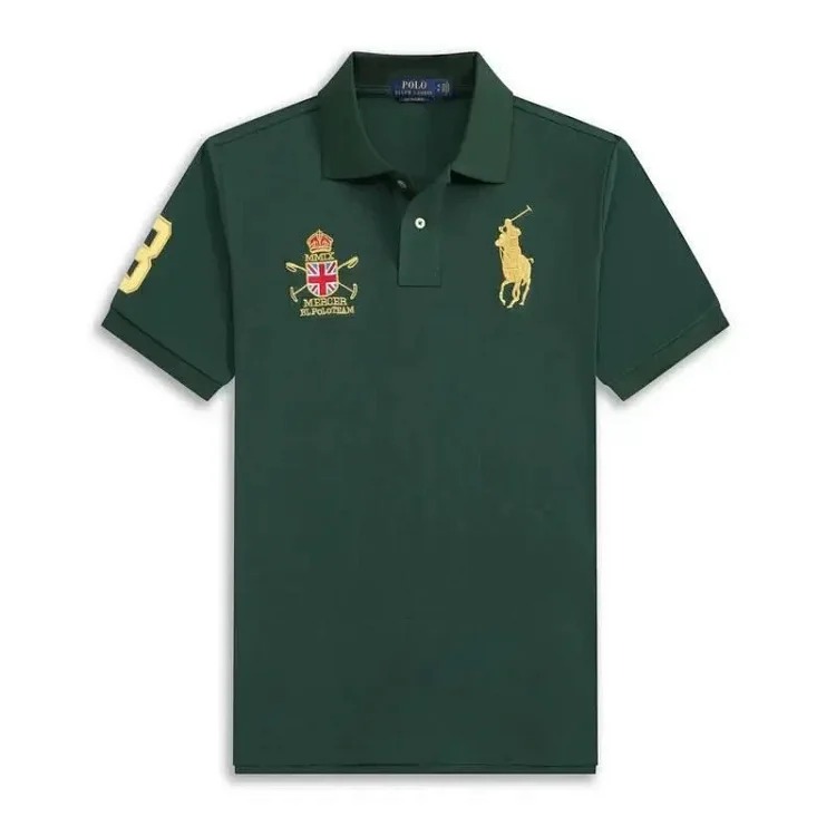 Lili Paul summer embroidered men's lapel short-sleeved T-shirt American men's pique solid color POLO shirt loose large size short-sleeved