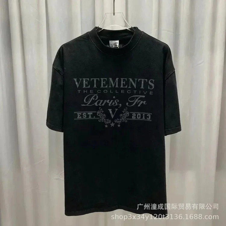 Wholesale collection VTM European and American trendy brand retro washed letter embroidery OS male and female couple loose short-sleeved T-shirt